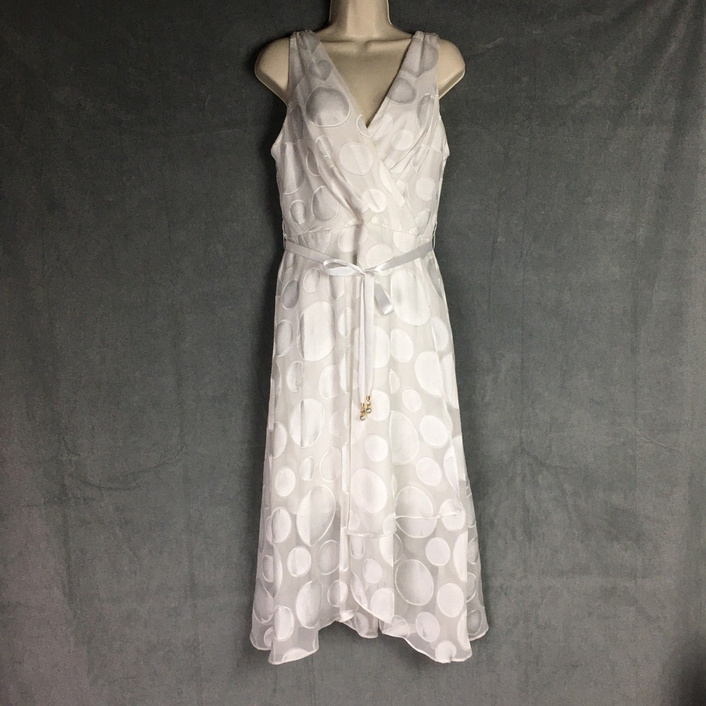 NWD DKNY White Polka Dot Sleeveless Midi Faux Pearl Tie Wrap Dress Size 10 - Picture 2 of 16